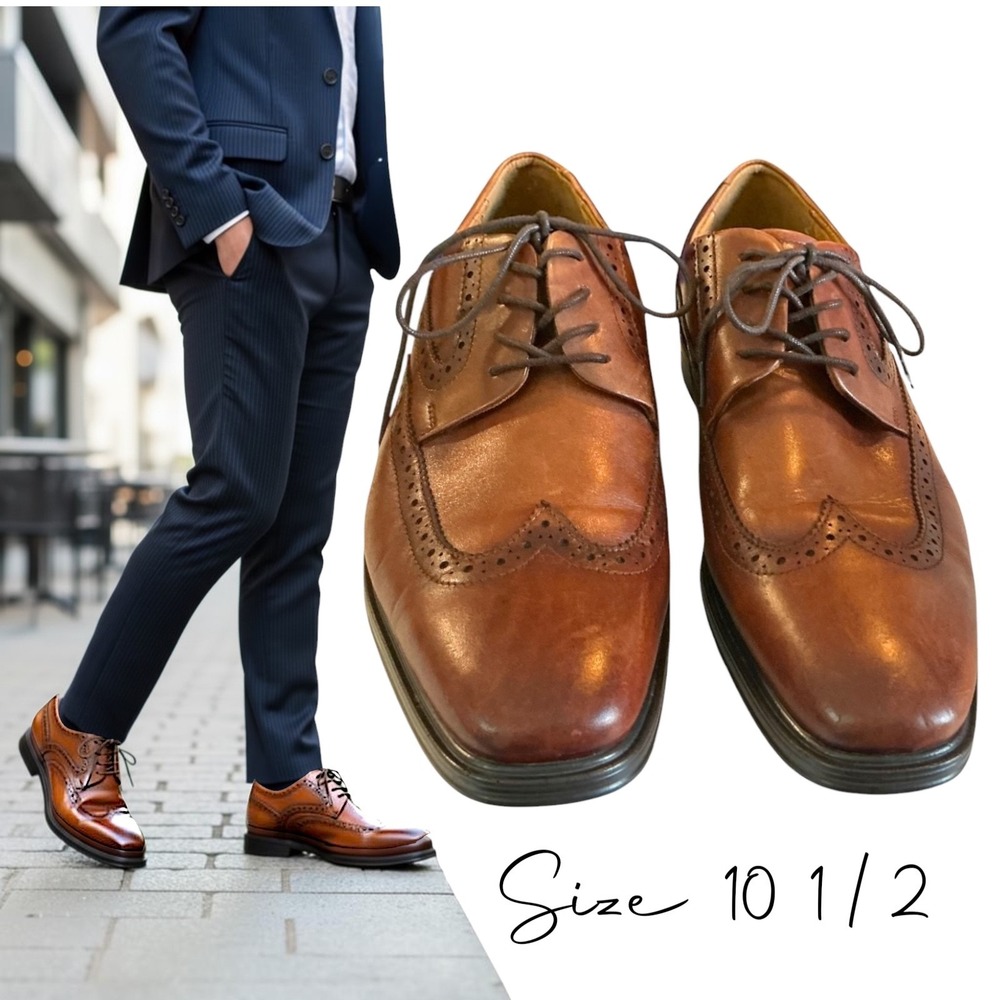 Florsheim Comfortech Memory Foam Mens Size 10.5 Cognac Leather Wingtip Shoes
